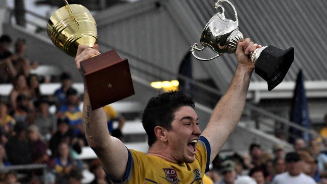 Yeppoon Seagulls’ skipper Sam Holzheimer celebrates after his team won the Rockhampton Rugby League A-grade premiership last year.