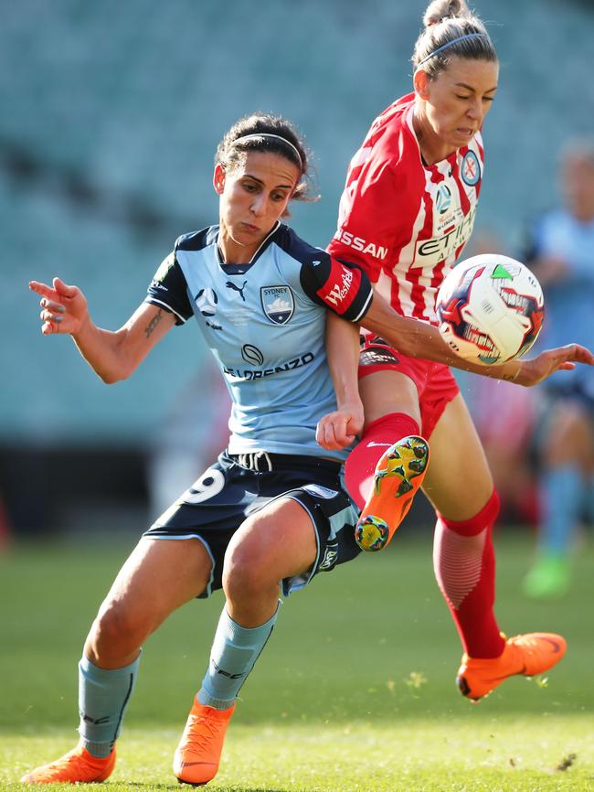 Leena Khamis of Sydney clashes with Alanna Kennedy of Melbourne City. Picture: Getty