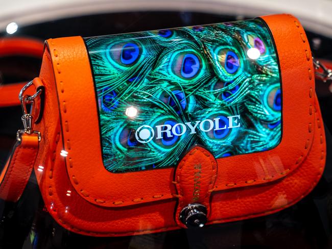 Chinese firm Royole showed off a handbag with flexible screen at CES 2020. Picture: Jennifer Dudley-Nicholson