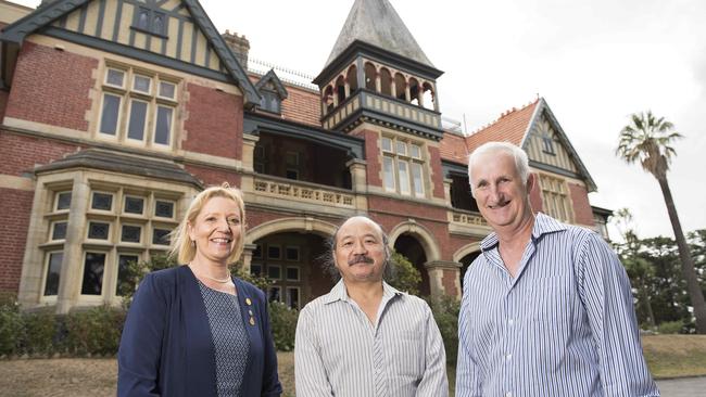 Rotary Club of Essendon’s Jenny Foster, judge David Chen and Rotary Club of Keilor East’s Chris Rundell at the North Park mansion, which will host the Moonee Valley Art Show. Picture: Ellen Smith