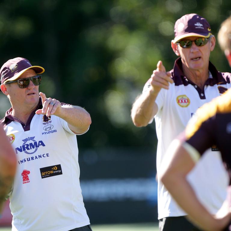 Kevin Walters and Wayne Bennett at Broncos training. Picture: Darren England.