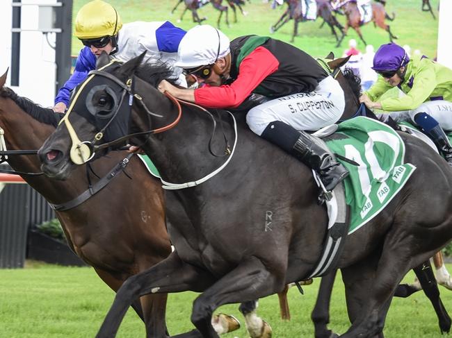 The Edward Cummings-trained Arts (red sleeves) wins at Kembla Grange last year. Picture: Bradley Photos