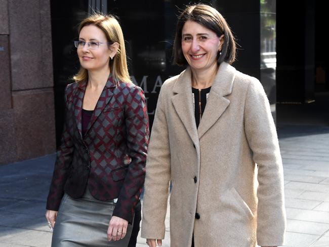 Gladys Berejiklian and NSW Minister for Local Government Gabrielle Upton arrive at today’s press conference.