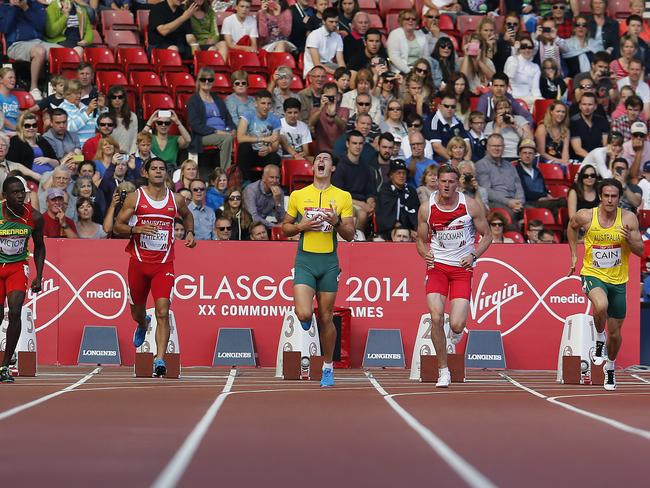 Jake Stein, third from right, shouts after causing a start failure during the mens' decathlon 100m heat 1. Picture: Frank Augstein