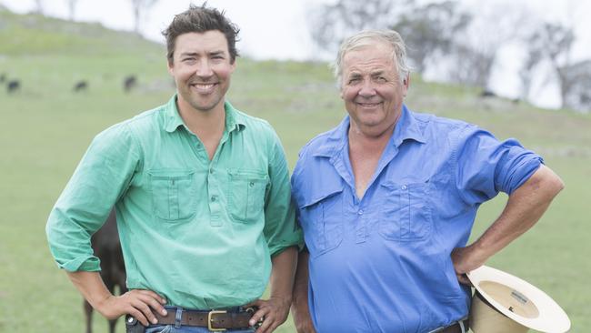 Charlie Perry and his father on their Trent Bridge Wagyu property at Aberfoyle, NSW.