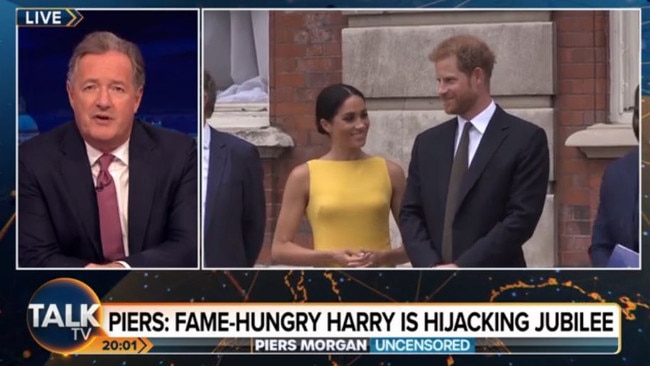 Piers Morgan rants Prince Harry and Meghan Markle will “hijack” Jubilee celebrations. Picture: Talk TV.