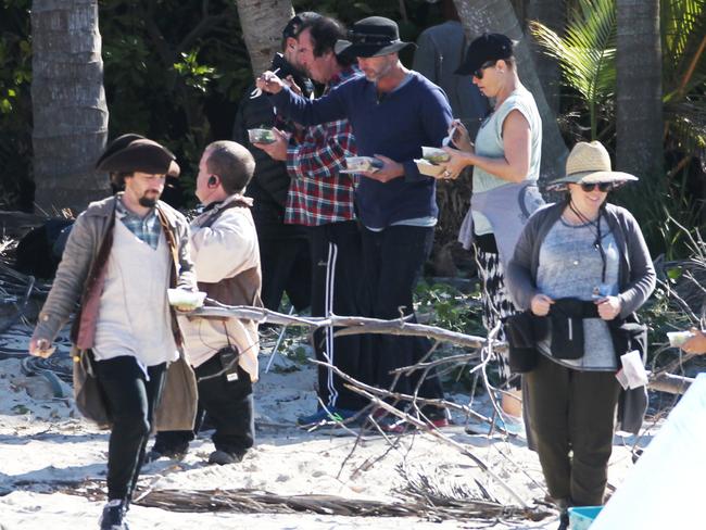 Crew between takes on the set of Pirates of the Caribbean: Dead Men Tell No Tales at The Spit. Pics Tim Marsden