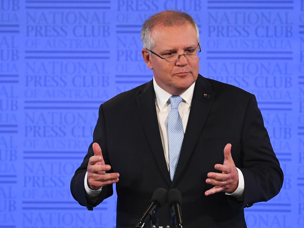 Australian Prime Minister Scott Morrison addresses the National Press Club in Canberra, Tuesday, May 26, 2019. (AAP Image/Lukas Coch) NO ARCHIVING