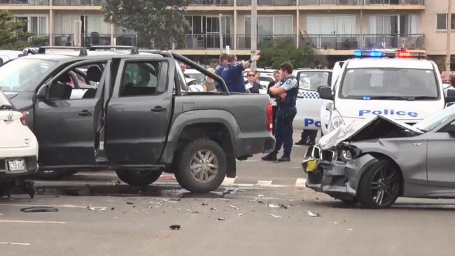 The VW Amarok slammed into a stationary car.