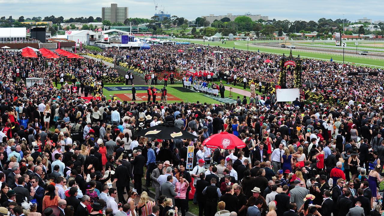 2011 Melbourne Cup. Race 7. Flemington. The jockeys presented to the large crowd before the race.