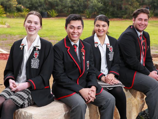 Year 12 students, Sophie-Anne Brebner, David Dawson, Matilda Dib, and Majd Turk, from Xavier College, Llandilo, NSW, today.Catholic schools will study sexual identity, atheism, love and social media in a radical shakeup of the school's curriculum.Picture:Justin Lloyd