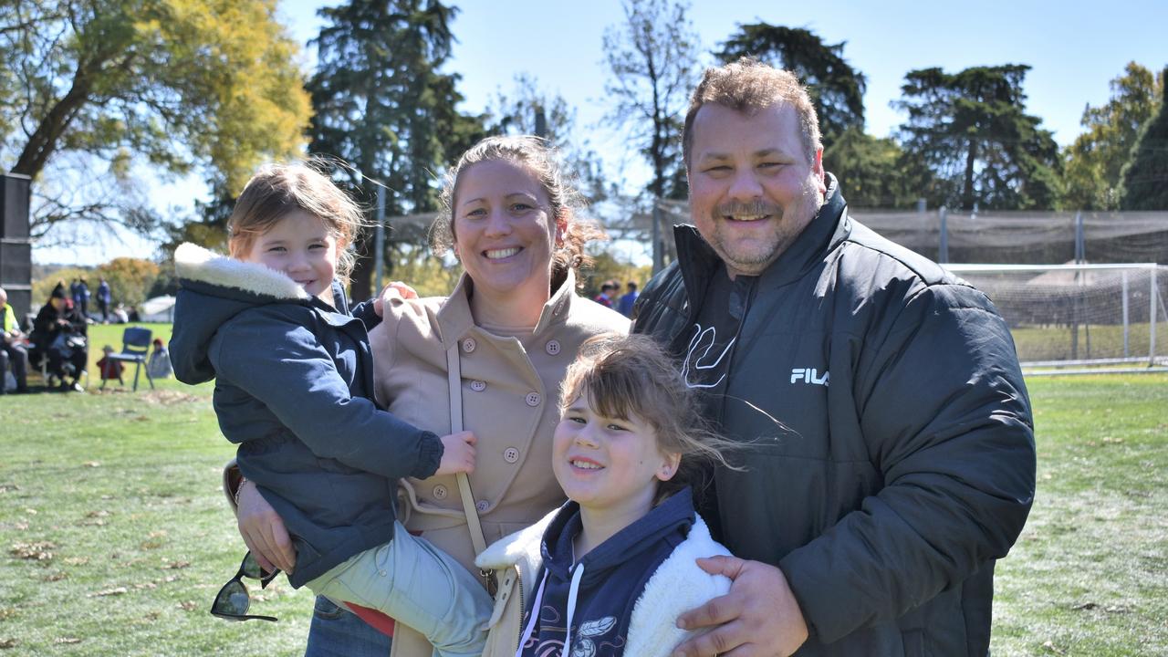 Passionate footy fam, Lyla, Nicole, Freya, and Old Boy Leighton Shrek-Irland at the 2023 O'Callaghan Cup at Toowoomba. Picture: Peta McEachern