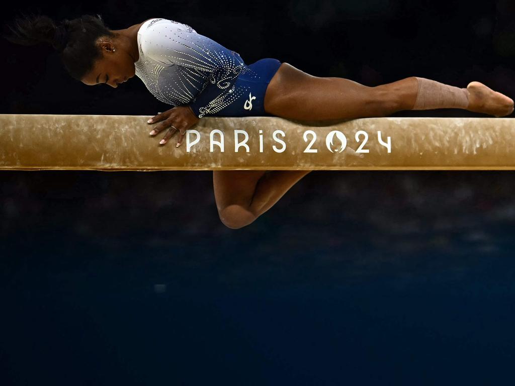 Simone Biles competes in the artistic gymnastics women’s balance beam final during the Paris 2024 Olympic Games at the Bercy Arena in Paris, on August 5, 2024. Picture: AFP