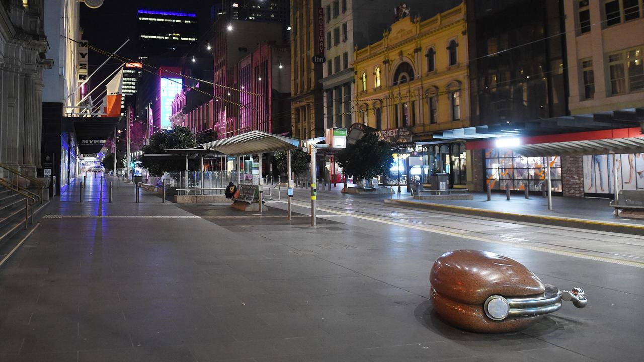 Melbourne’s Bourke Street Mall was empty after an 8pm curfew began. Picture: Josie Hayden