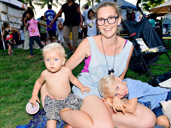 Ace Ellison, 15 months, Bec Ellison, and Tiger Ellison, 3.5, at the last Mindil Markets for 2017. Picture: Michael Franchi