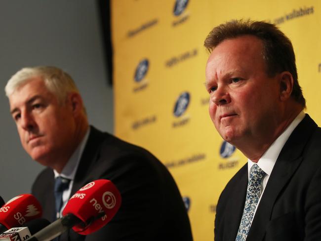 Australian Rugby Union Chairman Cameron Clyne and CEO Bill Pulver at a press conference on the future of Super Rugby after announcement that one Australian team will be dropped from the competition. Picture. Phil Hillyard