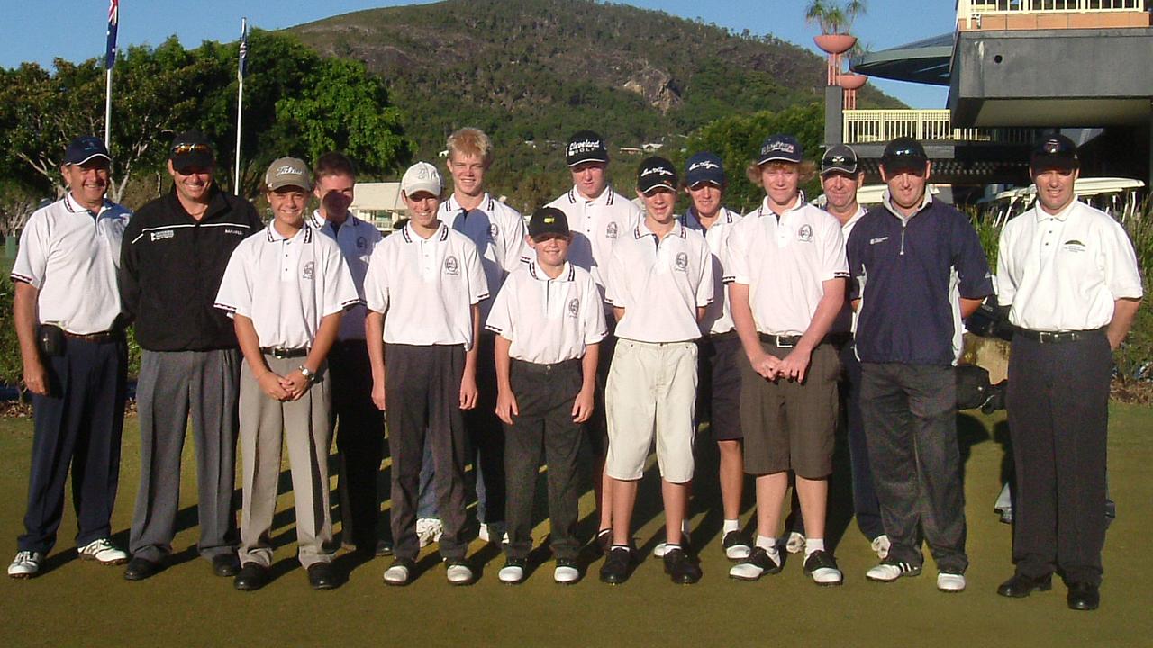 Cameron Smith (front row, centre) was part of the Invincibles development squad as a 10-year-old. Graeme Miller is on the left, next to current Maroochy River head pro Sean Seymore. On the right are Smith's current mentor Grant Field and Peter Heiniger, now teaching pro at Noosa Springs.