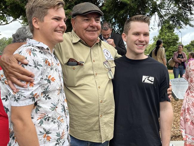 Butchulla elder Glen Miller with the two young apprentices from Olds Engineering who worked on the memorial.