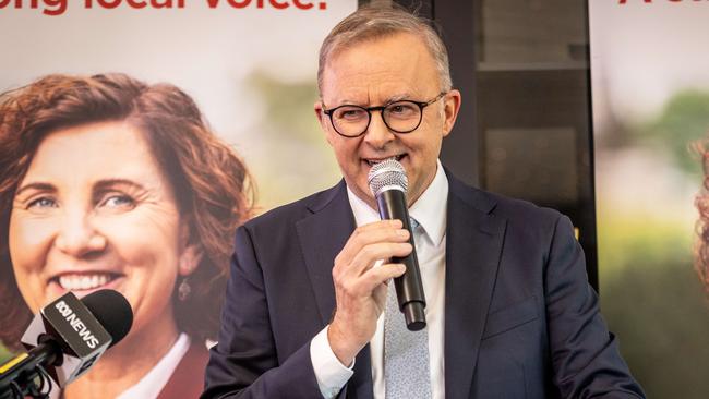 Prime minister Anthony Albanese at Jodie Belyea's Dunkley by-election campaign launch. Picture: Jake Nowakowski