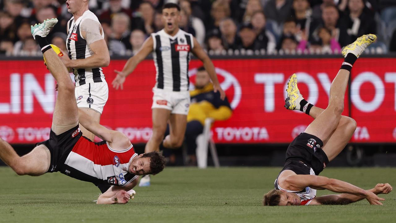 Wood landed on his head after the mid-air collision. (Photo by Darrian Traynor/Getty Images)