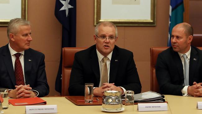 Deputy Prime Minster Michael McCormack, Prime Minister Scott Morrison and Treasurer Josh Frydenberg have a task ahead of them. Picture: Kym Smith