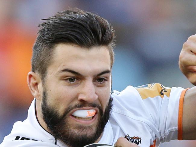 Tigers James Tedesco during the round 10 NRL game between the Newcastle Knights and the Wests Tigers at Hunter Stadium , Newcastle .Picture Gregg Porteous