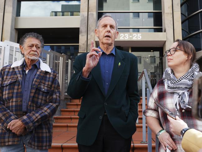 Jim Everett, Bob Brown and Kristy Lee Alger.  Forest protestors at Hobart Magistrates Court.  Picture: Nikki Davis-Jones