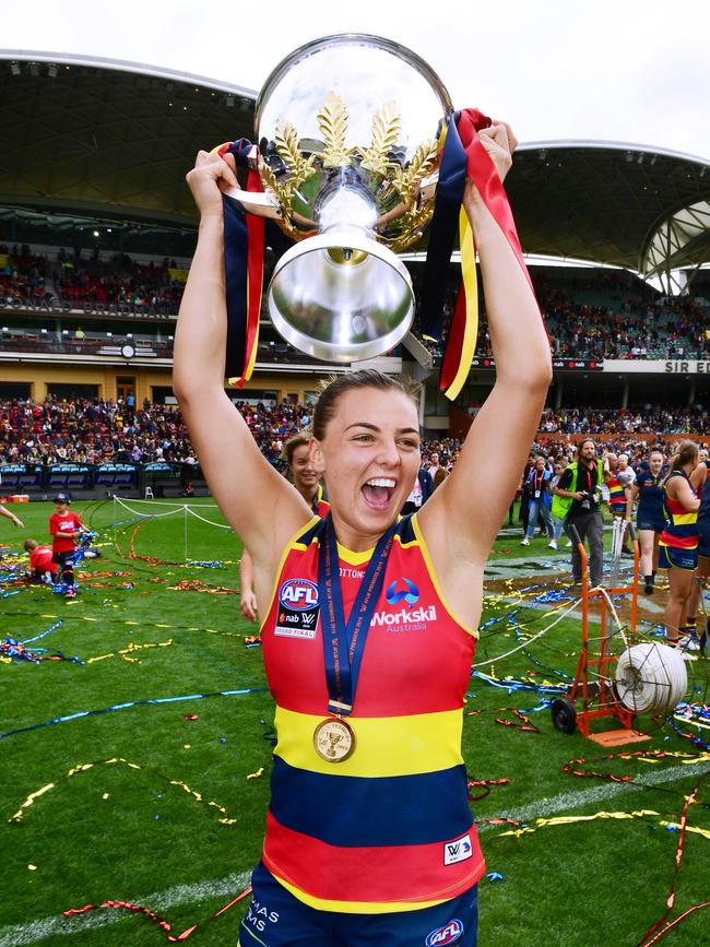 Crows midfielder Ebony Marinoff with the 2019 AFLW premiership cup. Picture: MARK BRAKE/GETTY IMAGES