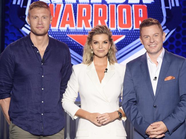 Hosts of Australian Ninja Warrior — Andrew Flintoff, Rebecca Maddern and Ben Fordham. Picture: Channel 9