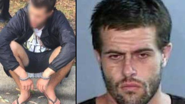 Reiley Jay Amos' "appalling" criminal history was detailed during his recent appeal bid in Coffs Harbour District Court. Amos was arrested and convicted in 2019 for crashing into a police dog unit van while attempting to evade his arrest (left). Photos: NSW Police.