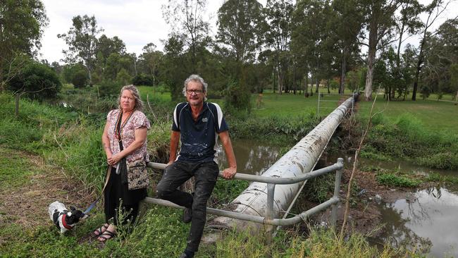 Jo and Allan Clark-Jones (with dog Henry) at floodprone Stable Swamp Creek in Rocklea. Picture: Adam Head