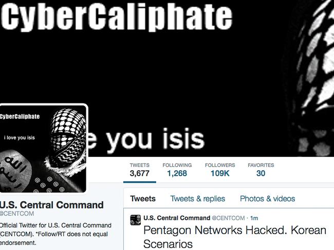 Cyber attacks ... the US Central Command Twitter account after it was hacked. Picture: AP