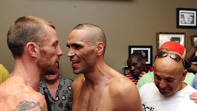 Anthony Mundine with Garth Wood for a past weigh-in at Boxa Bar, Hurstville. 