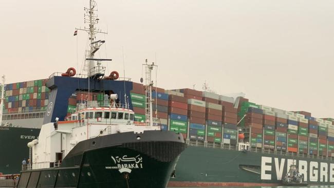 Taiwan-owned MV Ever Given, a 400m-long, 59m-wide vessel, lodged sideways in the world’s busiest canal. Picture: Marina Passos/AFP