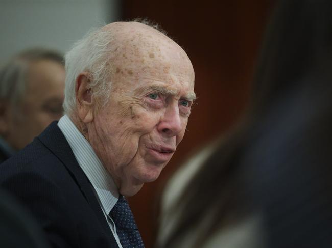 FILE - In this Wednesday, June 17, 2015 file photo, U.S. Nobel laureate biologist James Watson visits the Russian Academy of Sciences in Moscow, Russia. Watson, who lost his job in 2007 for expressing racist views, was stripped of several honorary titles on Friday, Jan. 11, 2019. (AP Photo/Ivan Sekretarev)