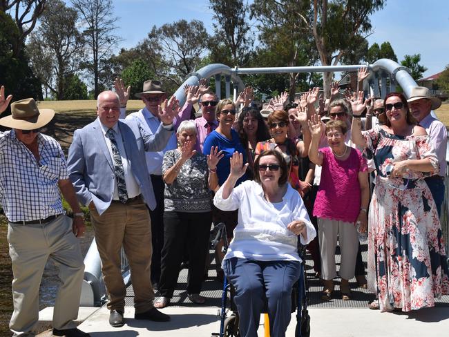 Mally McMurtrie, surrounded by friends, family, and the community as the structures named in her honour were unveiled in Stanthorpe, December 2020.