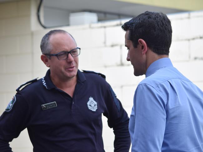 Queensland premier, David Crisafulli talk to a Townsville police officer at Kirwan Police Station. December 13 2024.