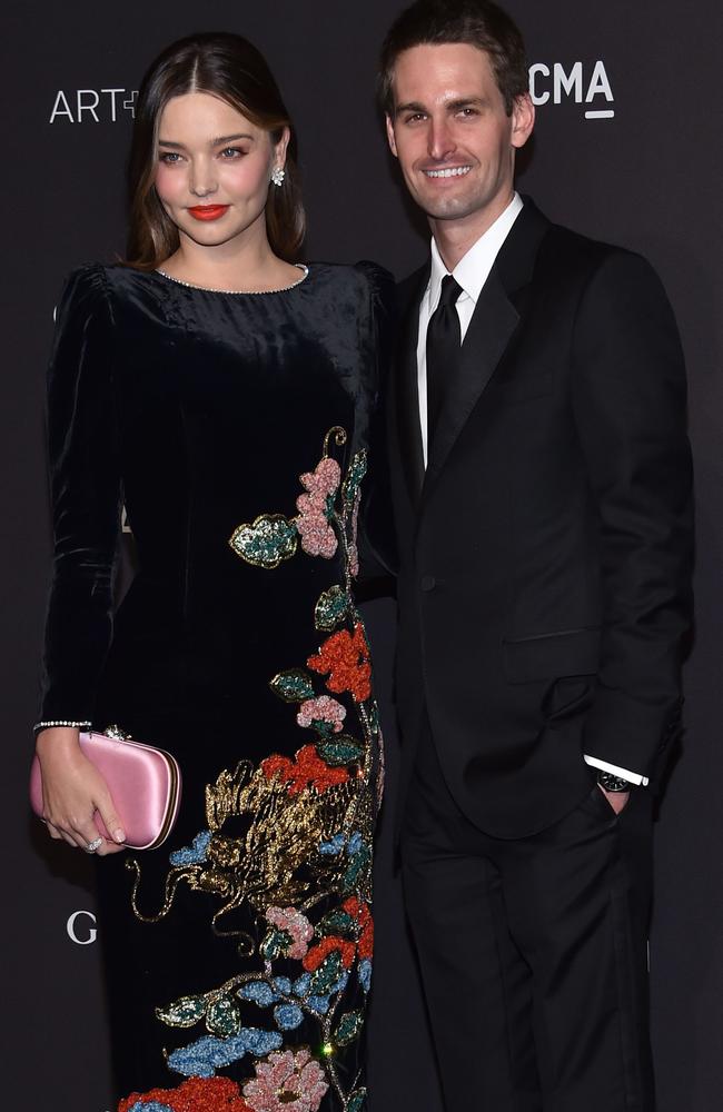 Model Miranda Kerr and husband CEO of Snap Inc., Evan Spiegel. Picture: AFP