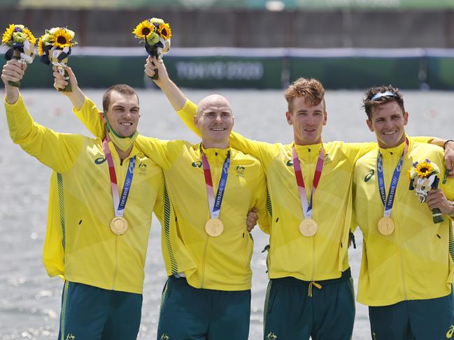 Australia’s Alexander Purnell, Spencer Turrin, Jack Hargreaves and Alexander Hill celebrate gold in the final of the Mens Four in Tokyo. Picture: Alex Coppel.