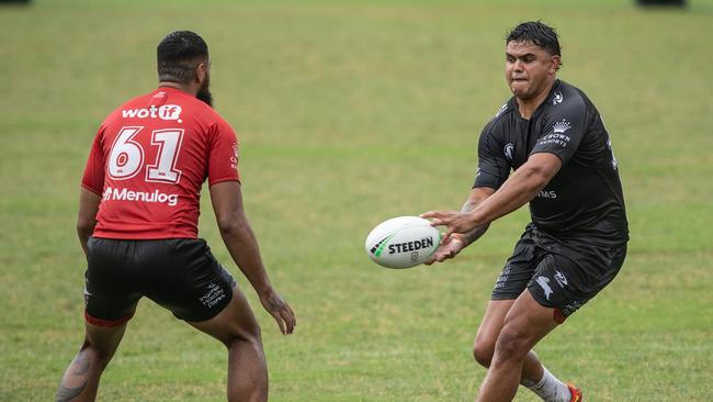 Latrell Mitchell at training with the Rabbitohs before his return to the NRL this weekend. Picture: Julian Andrews