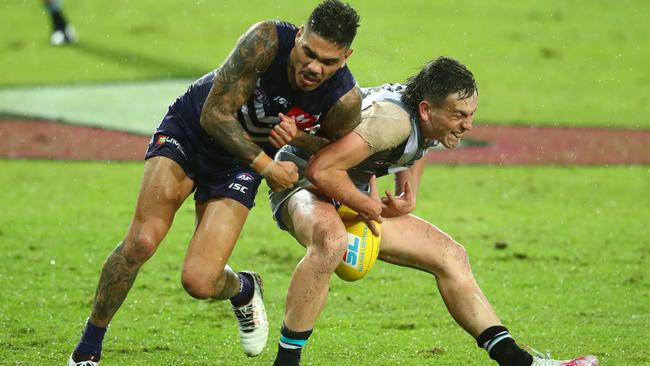 Out-muscling Michael Walters against Fremantle last weekend. Picture: Chris Hyde (Getty).