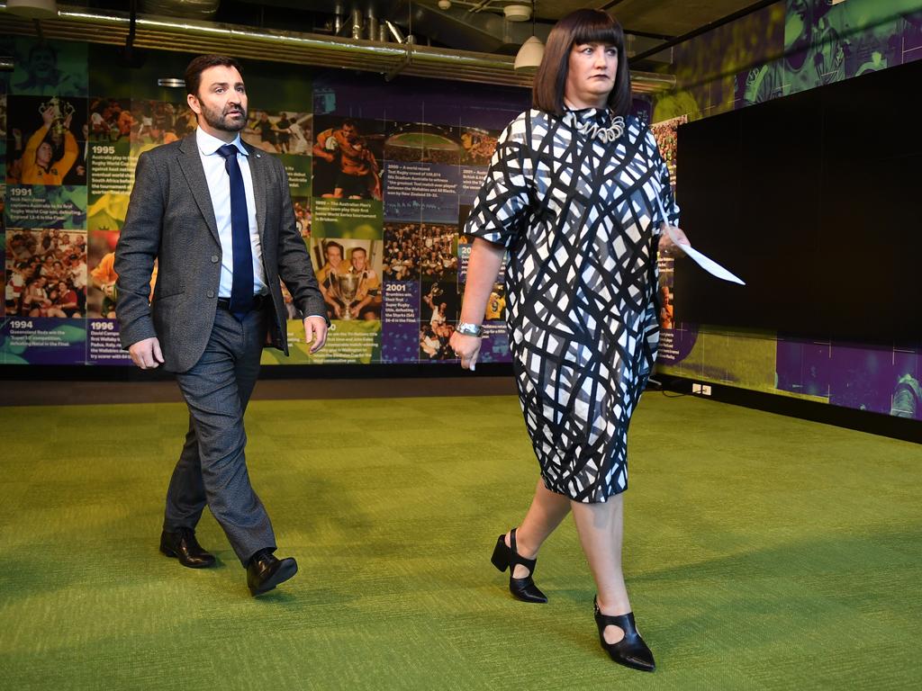 NSW Waratahs CEO Andrew Hore and Rugby Australia CEO Raelene Castle. (AAP Image/Dean Lewins)