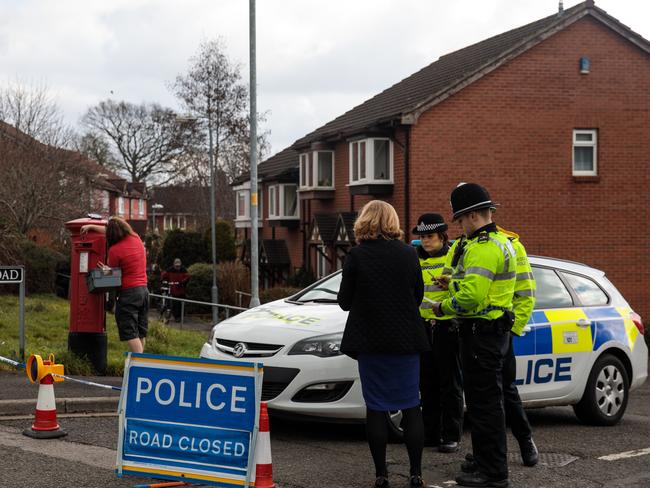Police officers maintain a cordon at the road of the home of Russian former spy Sergei Skripal. Picture: Jack Taylor/Getty Images