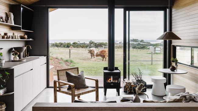 The one-bedroom eco-friendly cabins on Five Acres micro-farm have sweeping views to Western Port Bay. Picture: Marnie Hawson