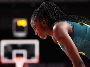 SAITAMA, JAPAN - JULY 27: Ezi Magbegor #13 of Team Australia looks on in disappointment during the second half of Australia's Women's Preliminary Round Group C game against Belgium on day four of the Tokyo 2020 Olympic Games at Saitama Super Arena on July 27, 2021 in Saitama, Japan. (Photo by Gregory Shamus/Getty Images)