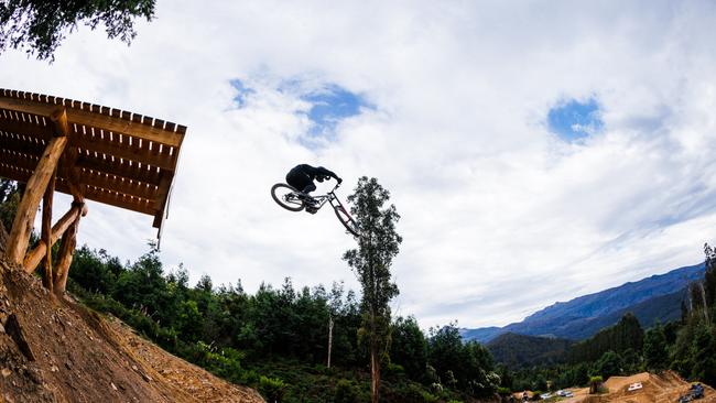 Darcy Coutts testing out the new Red Bull Hardline Tasmania track at Maydena Bike Park. Picture: Ryan Finlay.