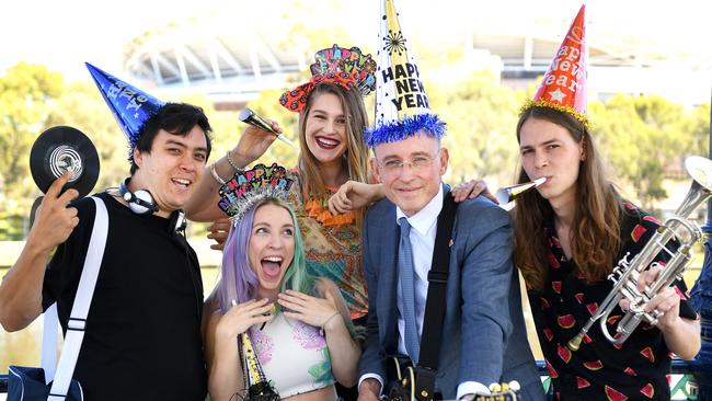 Adelaide Lord Mayor Martin Haese (centre) with performers Tim Whitt, Caroline Tucker (CARZi), Belle Ballard and Sean Helps from Abraska at Elder Park. Photo: AAP/Mark Brake