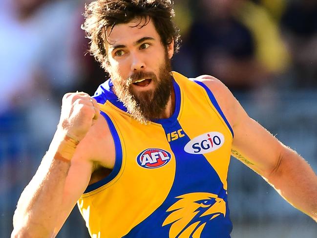 PERTH, AUSTRALIA - MAY 20: Josh Kennedy of the Eagles celebrates a goal during the 2018 AFL round nine match between the West Coast Eagles and the Richmond Tigers at Optus Stadium on May 20, 2018 in Perth, Australia. (Photo by Daniel Carson/AFL Media/Getty Images)