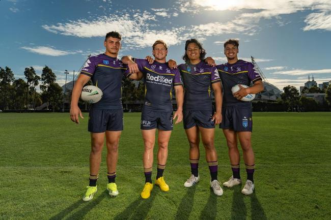 Melbourne Storm 2024 captains Stanley Huen (Jersey Flegg), Harry Grant (NRL), Josiah Moreli-Alama (SG Ball), Micah Warena (Harold Matthews). Credit: Supplied.