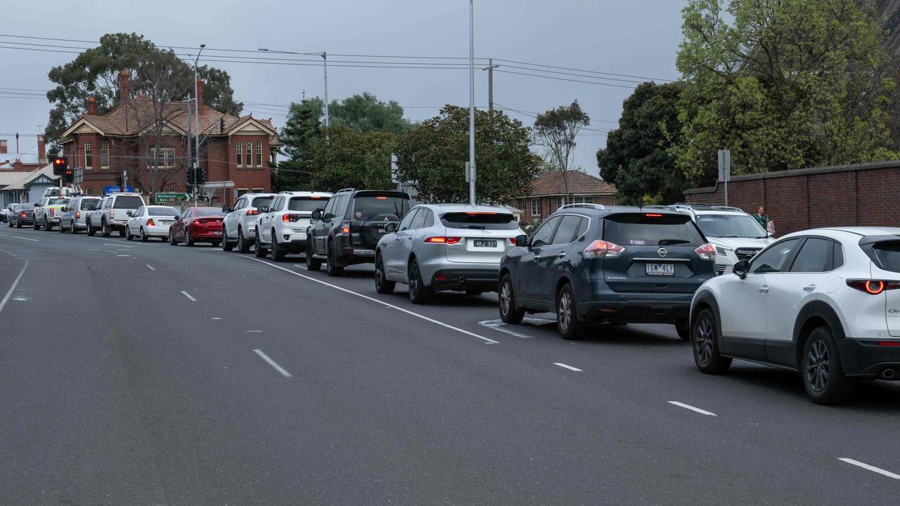 Vehicles wait up to three green lights to travel through the intersection of Latrobe Tce and Ryrie St when turning right during peak time on Monday. Picture: Brad Fleet.